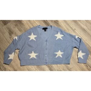 Polly Esther Womens Cardigan Sweater XL Blue Star Print Button Up Knit‎ Top